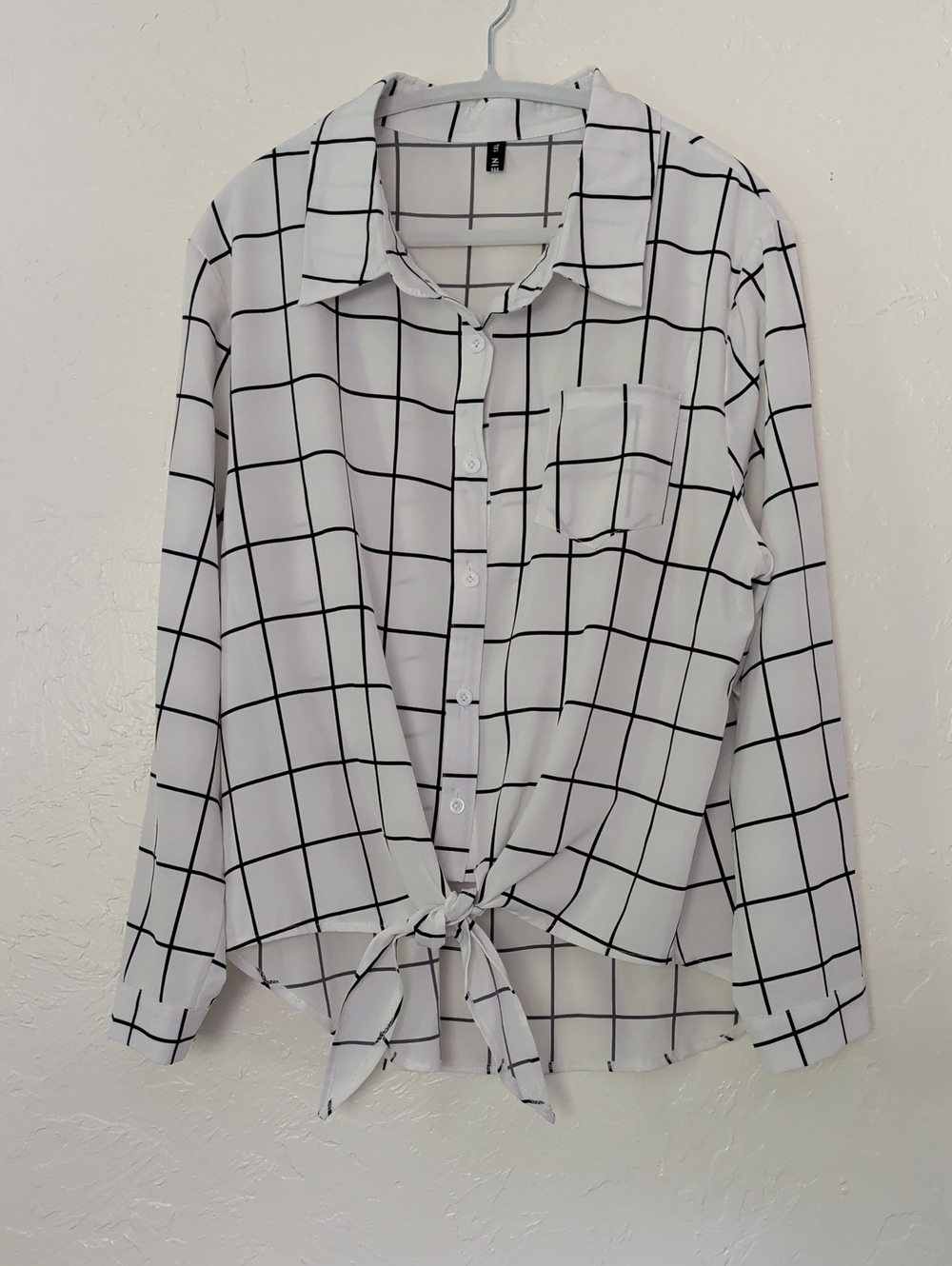 SHEIN White Blouse with Black Grid Stripes